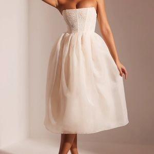 EMBELLISHED CORSET TULLE SKIRT MIDI DRESS IN IVORY oh Polly rosette